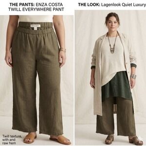 ENZA COSTA Twill Everywhere Pant Women 4 /XL   Green Wide Leg Linen Quiet Luxury